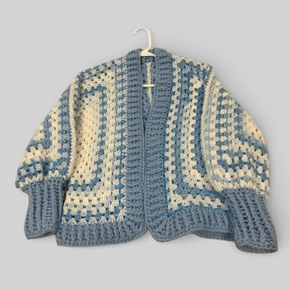 Vintage Crochet Hexagon handmade baby blue cardigan balloon sleeves one size